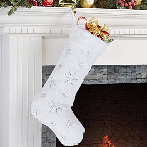 Lalent 2Pcs Christmas Stockings, 18Inch/46cm Large White Plush Faux Fur Deluxe Hanging Xmas Stockings Personalised Snowflake Gift Bag for Christmas Ornament Fireplace Decorations Socks (White/Sliver)