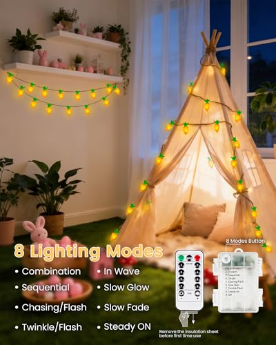 Image of YIQU Easter Decoration String Lights, 10FT 12LED Indoor Carrot Mantel Garland Battery Operated with Remote Timer 8 Modes, Hemp Rope Banner for Fireplace Table Wall Spring Party Indoor Outdoor Decor