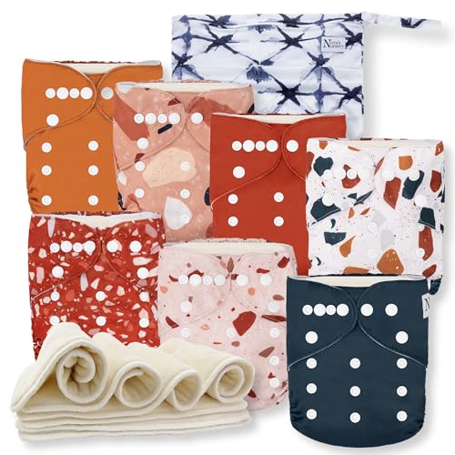 Nora's Nursery Cloth Diapers 7 Pack with 7 Inserts & 1 Wet Bag - Waterproof Cover, Washable, Reusable & One Size Adjustable Pocket Diapers for Newborns and Toddlers - Terrazzo