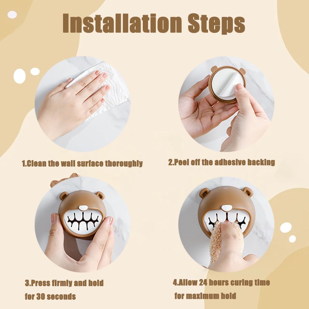 MayFancy Adorable Bear Adhesive Hooks 2pcs - No Drill Child-Safe Towel Rack, Space-Saving Wall Mount for Bathroom, Kitchen & Nursery, Cute Animal Design with Secure Hold (Gray & Brown)