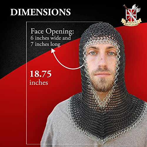 Armory Replicas Medieval Chainmail Coif Armor, Blackened Steel With Bright Steel Edges, 18.75 Inches #TOP6