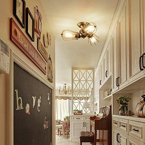 Luling Vintage Ceiling Light Industrial, Chandeliers Adjustable Socket Metal Wire Cage Lamp Semi-Flush Mount Rustic Ceiling Light Metal Lamp Fixtures (No Bulb) (with 3 Light) (Bronze)