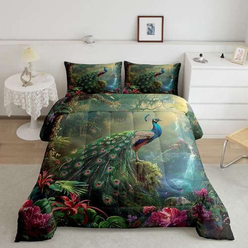 Green Peacock Comforter Set King Size,Floral Tropical Plant