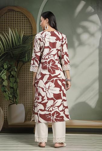 Image of Pistaa's Women's Cotton Regular Fit A Line Regular A-Line Printed Cutwork Sleeve Kurta