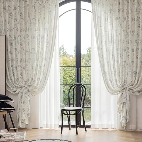 Image of FMFUNCTEX Linen Curtains Floral Patterned Curtains for Bedroom Living Room, Blue Curtain 96 Inches Long Farmhouse, Light Filtering Beige Window Curtain Grommet Top 2 Panels Set