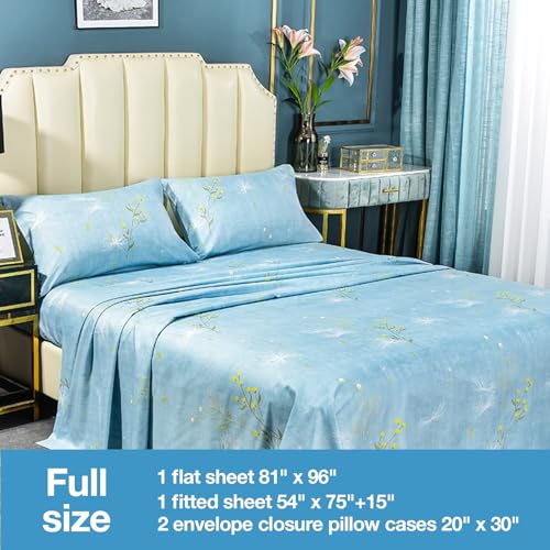 Image of JSD Blue Floral Printed Full Sheet Set Deep Pocket | 4 Piece Soft Botanical Microfiber Sheets, OEKO-TEX Certified, Easy Care