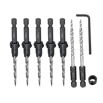 Countersink Drill Bit Set - 5PCS 11/64" Wood Bit With 2PCS Extra Tapered Bit, Stop Collar, Hex Wrench for Woodworking