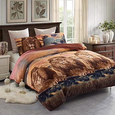MERRY HOME Sherpa Fleece Blanket, 3 Pieces Fluffy Reversible Plush Borrego Blanket with Pillow Sham, Printed Super Soft Warm (King(79"x91"), Lion) Cover