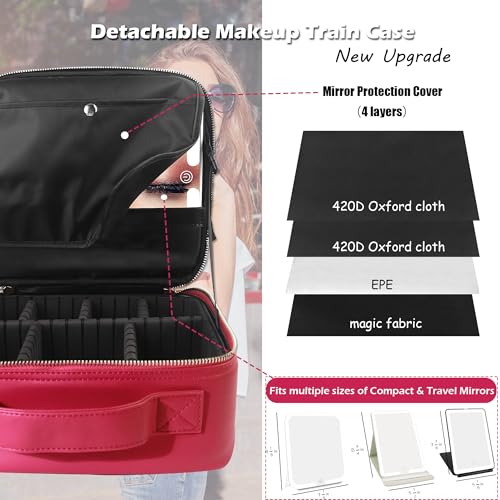 Image of MOMIRA Travel Makeup Bag Cosmetic Bag Makeup Organizer Bag with Lighted Mirror, Adjustable Brightness in 3 Color Scenarios, Waterproof Makeup Train Case, Gift for Women - Rose Red(Woven)