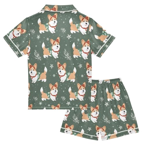 ALAZA Christmas Snow Snowflake Dog Puppy Satin Pajamas Set Short Sleeve Button Down Sleepwear Summer Pjs 2 Piece2