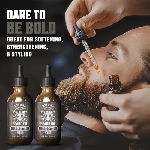 Image of Viking Revolution Men's Beard Oil with Argan and Jojoba Oils - Natural Softener and Conditioner, Strengthens and Moisturizes (Unscented, 2 Pack)