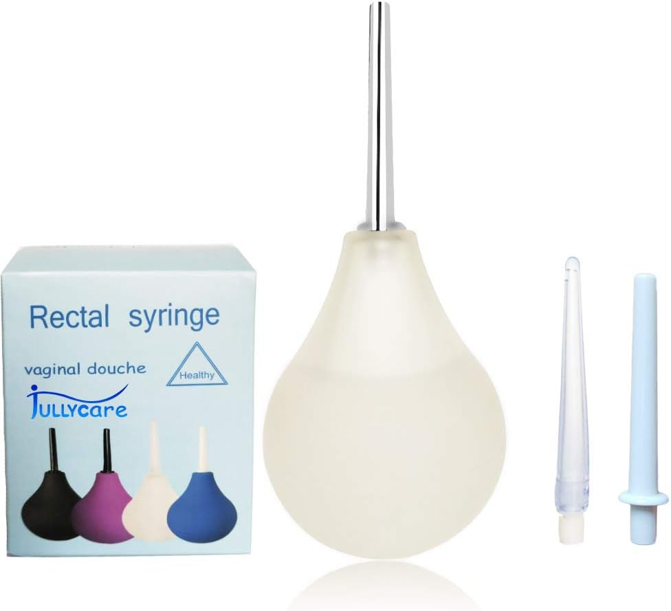 Enema Bulb, Jullycare Douche for Men Women Enema Kit with Certificate Comfortable Medical Kits Anal Cleaner Silicone Douche with 3 Replaceable Nozzle (White)