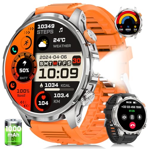 DEKELIFE Smartwatch Herren mit 1000mAh Akku/LED Taschenlampen, 1.91' AMOLED 5ATM Smartwatch Militär mit Telefonfunktion, 113 Sportmodi Sportuhr/Herzfrequenz/Schlafmonitor/SpO2/iOS Android Silber