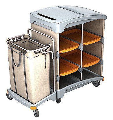 Hotelwagen aus Kunststoff mit Regal und Leinensack 120l - Deckel optional, Variante:Kein Deckel