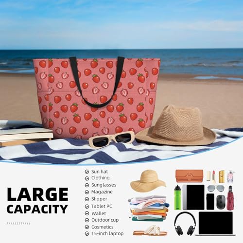 Large Beach Bags Water-resistant Sandproof - Red strawberry Cute Beach Tote Bags for Women with Zipper4