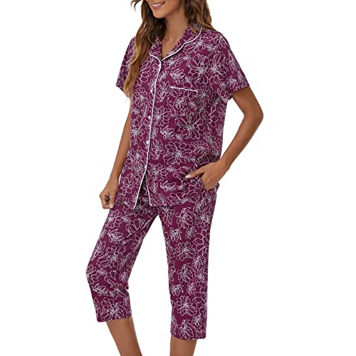 Image of Tugege Capri Pajamas Set Womens Button Down Short Sleeve Lounge Sets Sleepwear Notch Collar Top & Capri 2 Piece PJ Sets