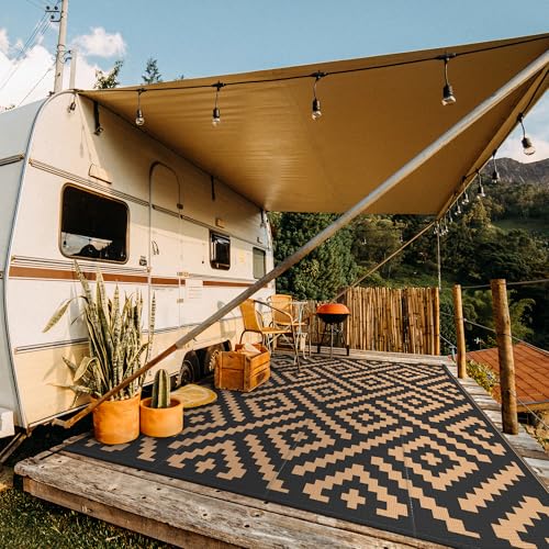 Image of GENIMO Outdoor Rug, Waterproof Plastic Rugs for Patio, 10'x10' Black Brown | Outside Larger Modern Carpet Mat for Porch Decor, Deck, Camping, RV, Backyard, Balcony, Picnic, Beach, Reversible, Foldable