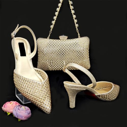 Women African Shoe and Bag Set Gold Shoes and Matching Bags Match with Handbag Clutch Femmes Sandales2