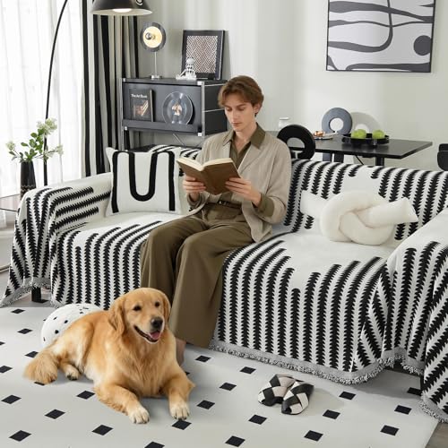 VFGFDJNDFX Chenille Funda Puff, Reversible Fundas de Sofa Anti Gatos Antideslizante Manta Cubre Sofa Protector Foulard Sofa Antipelos Mascotas (Art - Black, 90 * 90cm)