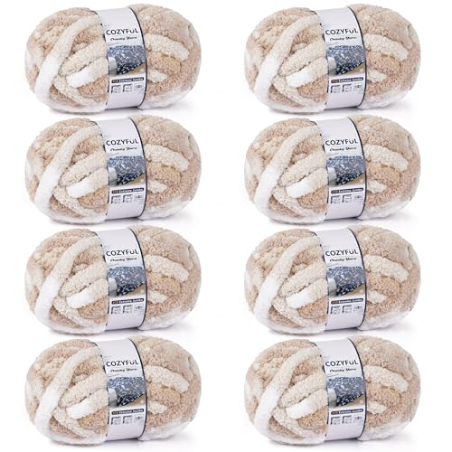 Image of Cozyful Chunky Yarn for Hand Knitting - #10 Chunky Chenille Blanket Yarn, Jumbo Big Thick Chunky Yarns for Crocheting, Tie Dye Bulky Knit Yarns, 8 Skein (20 yds 8 oz Each Skein), White & Khaki & Beige