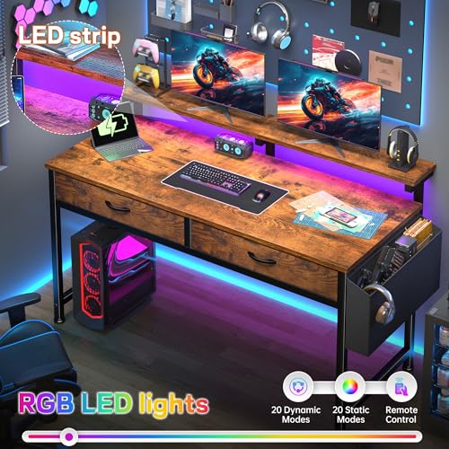 Image of DurayLoly 47.3Inch Office Computer Desk with LED Lights & 2 Fabric Drawers, Gaming Desk with Side Pocket & Ergonomic Monitor Stand, Small Space Study Writing Table with Anti-Tip Design, Rustic Brown