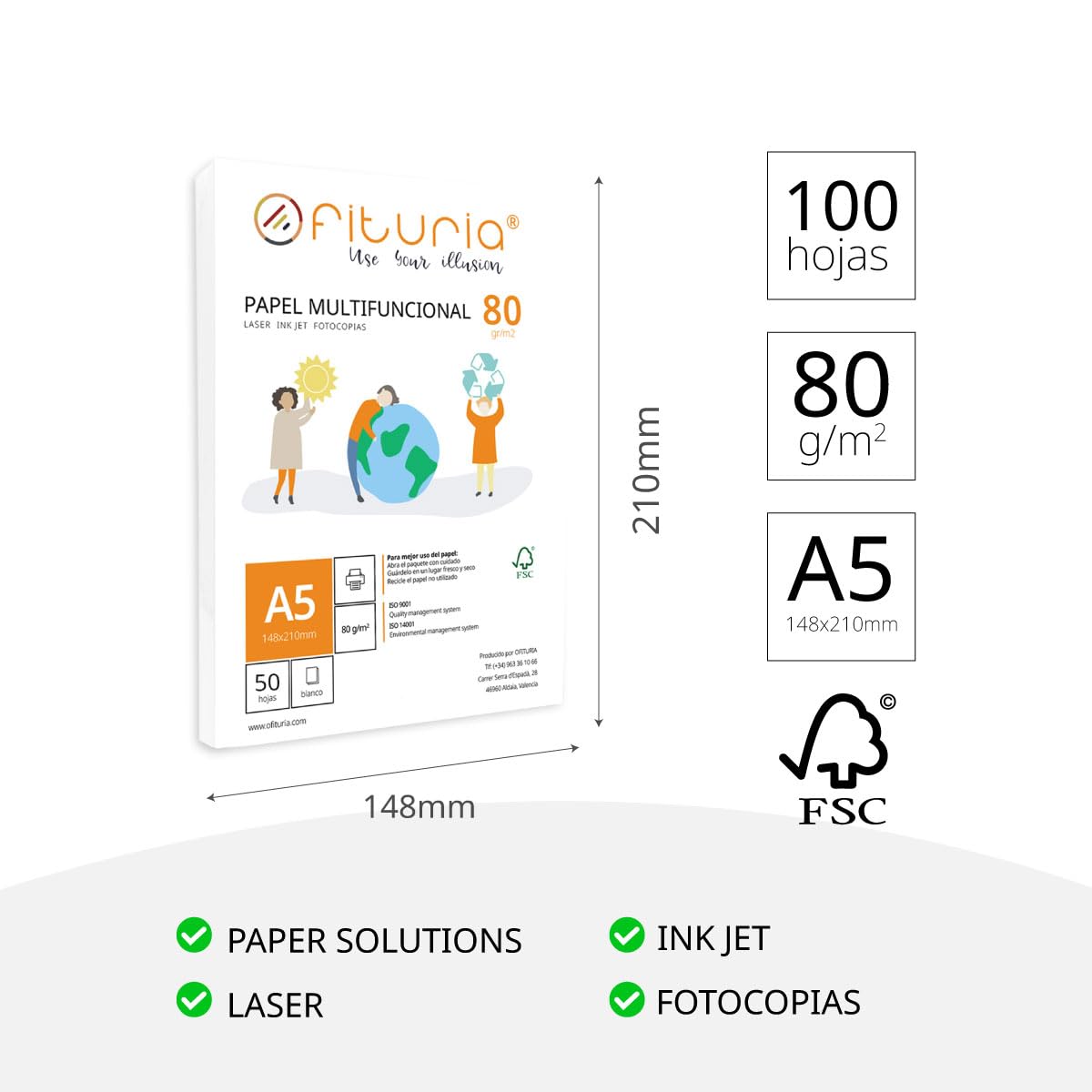 Paquete de folios A5 de 80gr con 100 Hojas Blancas, Papel Multifuncional para Uso Escolar y Entornos Laborales. Ideal con impresoras láser, de inyección o fotocopiadoras - Ofituria
