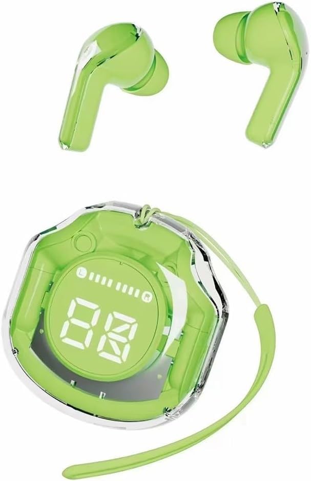 Clear Beat Cuffie Auricolari Wireless Bluetooth 5.3, Design Trasparente, Suono Cristallino, Impermeabili IPX4, Custodia con Ricarica Smartphone, Microfono Integrato, Autonomia 2-3 Ore, USB-C (Verde)