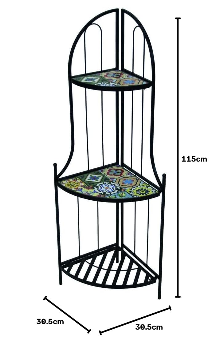 VERDELOOK | Scaffale Angolare Mosaico 3 Ripiani 30,5x30,5 H115 cm in Metallo Verniciato con Decorazioni Effetto Maiolica, Scaffale da Giardino e Interni, Portata 10 kg per Ripiano