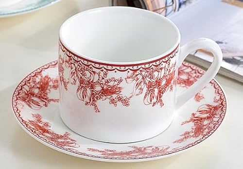 ヴィンテージ花柄 セラミックカップセット|ソーサー付き コーヒーカップ・ティーカップ兼用 ラテ・カプチーノ・ミルクに最適|記念日・誕生日・クリスマスギフトにぴったり ギフトボックス付き食器セット (赤)