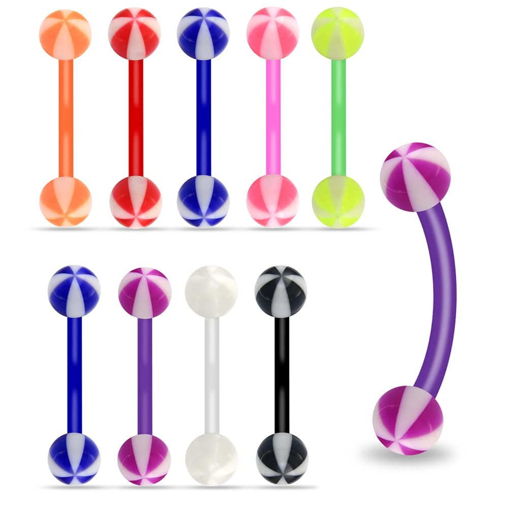 Curved Barbells 10 Pieces Set of UV Watermelon Ball with 16 Gauge Bio Flexible Banana Eyebrow Jewelry