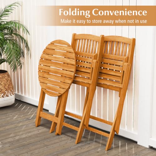 Image of Tangkula 3 Piece Patio Folding Bistro Set, Outdoor Acacia Wood Chair and Table Set w /Padded Cushion& Round Coffee Table, Ideal for Indoor Patio Poolside Garden (Black)