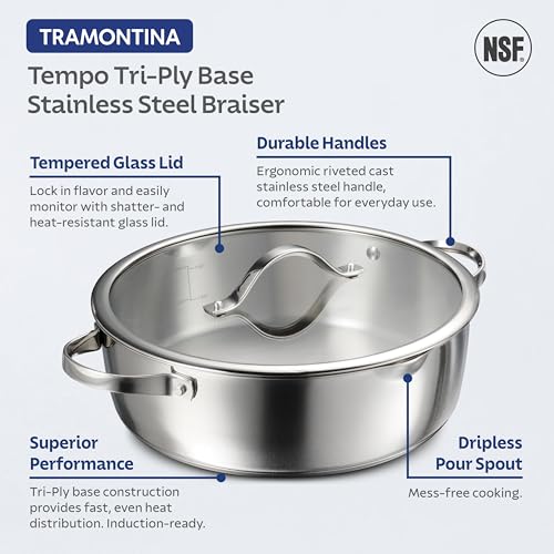 Image of Tramontina Tempo Tri-Ply Base Stainless Steel 6-Quart Braiser Pan with Glass Lid, Induction-Ready, Oven-Safe, Dishwasher-Safe