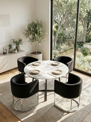 Image of HNY Mid Century Modern Upholstered Barrel Dining Chairs with Arms Set of 4, Velvet Kitchen & Dining Room Chairs, 18.5 inch Wide Accent Chairs for Dining Room Living Room with Chrome Metal Frame, Black