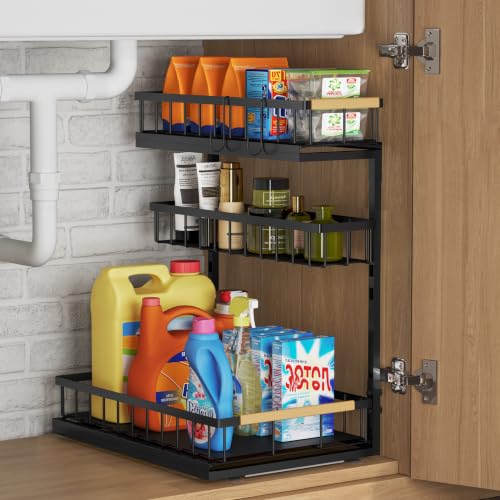 Fantasnight Kitchen Under Sink Storage Organiser - 1 Pack Metal Undersink Organisation for Cupboard - 3 Tier Pull Out Cabinet Drawers Black - Sliding Cleaning Shelf Organizer Solutions for Bathroom