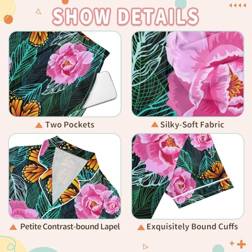 senya Flowers and Butterflies Satin Summer Pajama Sets Silk Short Sleeve Button Down Sleepwear3
