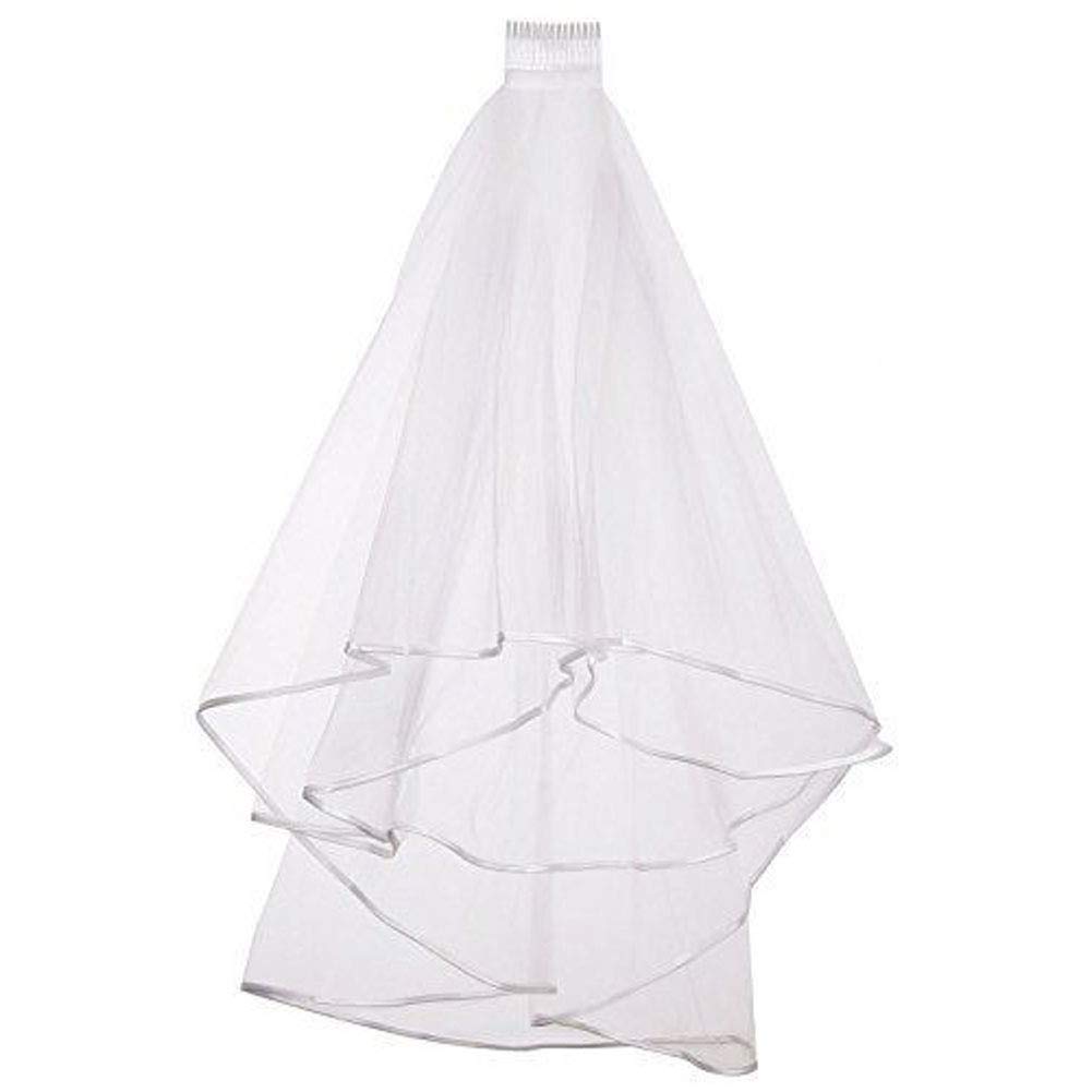 White Bridal Veil 2 Tier Ribbon Edge Center Cascade Wedding Veil with Comb for Bride Hair Accessories
