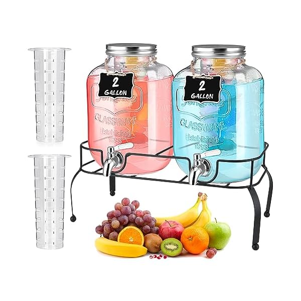 Lallisa 2 Pcs 2 Gallon Glass Drink Dispenser with Stand Ice Cylinder Hanging Chalkboard Signs 18/8 Stainless Steel Spigot Beverage Dispensers for Parties Mason Jar Drink Lemonade Dispensers, Sangria