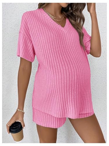 Image of MakeMeChic Women's Maternity 2 Piece Outfits Summer Short Sleeve Rib Knit Tee Top and Short Lounge Sets Clothes