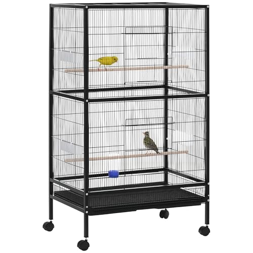 PawHut Jaula para Pájaros Pajarera con 4 Ruedas 4 Puertas 4 Comederos 2 Perchas Bandeja y Bebedero para Loros Canarios Periquitos 79x52x137 cm Negro