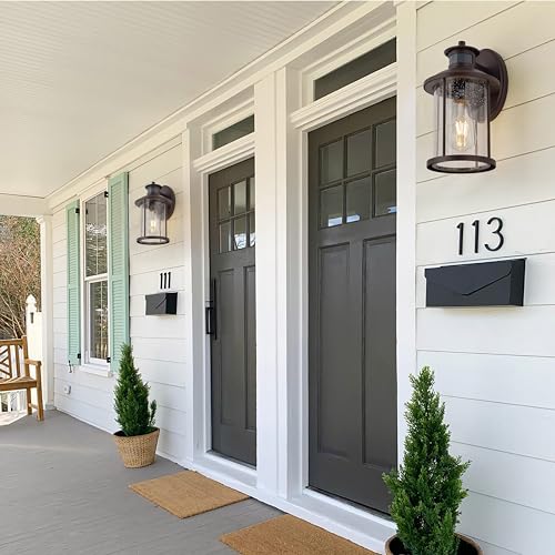Image of MICSIU Motion Sensor Bronze Outdoor Wall Light 1 Pack, 11.5 inch Farmhouse | 3 Modes Exterior Light Fixture with Seedy Glass, Anti-Rust Dusk to Dawn Outside Wall Sconce for House, Front Porch, Deck