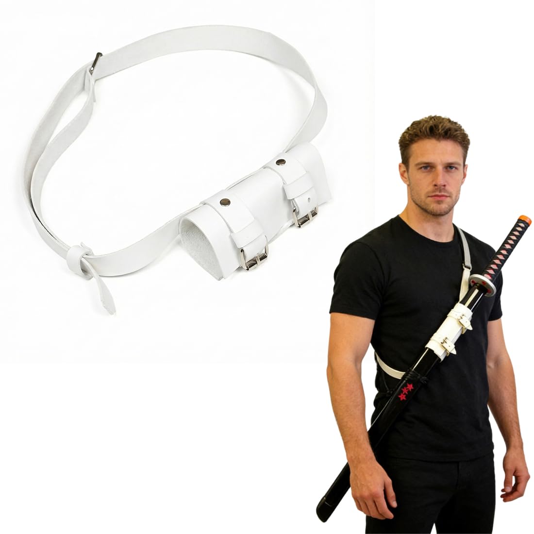 1 Unidad Soporte para Espada samurái con Correa de Cuero – Resistente para un Transporte cómodo – Accesorio Fans de Cosplay y samuráis (Blanco)