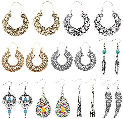 SUNNYOUTH 9 Pairs Vintage Statement Drop Dangle Earrings Bohemian National Style Hollow Water Drop Heart Shaped Alloy Long Boho Dangle Earrings for Women Girls