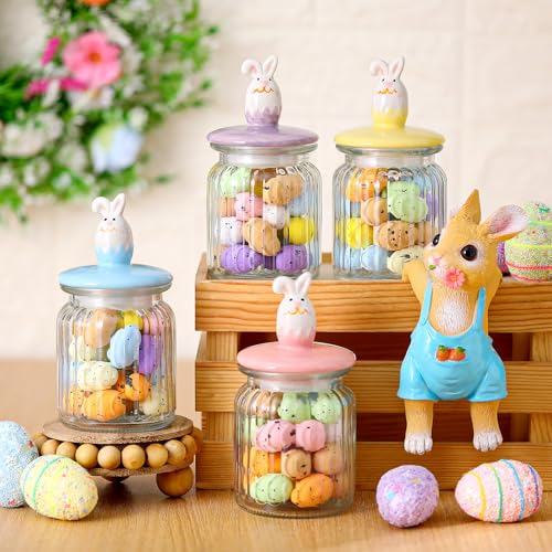 Nitial Easter Decorations- 4 Pcs Large Easter Glass Jars with Ceramic Bunny Lid-rabbits Cookie Jars 7.8 oz Pastel Glass Food Storage for Chocolate Candy Sweets Gift Mini Eggs Table Decoration