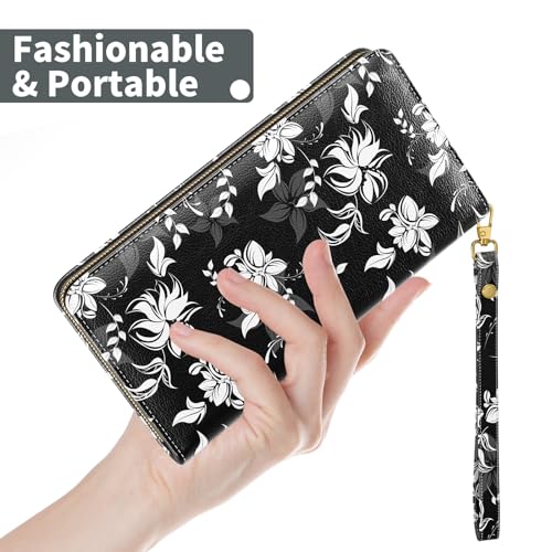 Nipichsha Womens Wallet, RFID Wristlet Wallet for Women, Cute Ladies Purse, Large Credit Card Clutch Wallets, Leather Card Holder Wallets with Zipper & Phone Holder, Black Flower2