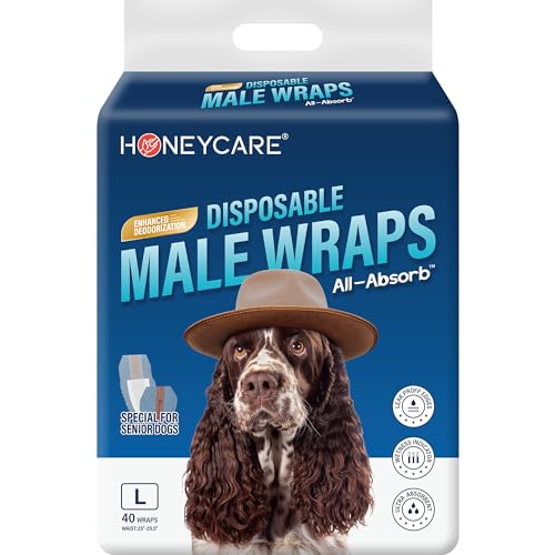 Honeycare Disposable Male Wraps for Senior Dogs, Large Size, 40 Count, Super Absorbent, Breathable, Wetness Indicator, Super Deodorization, Cute Suit Suspenders Design L 40