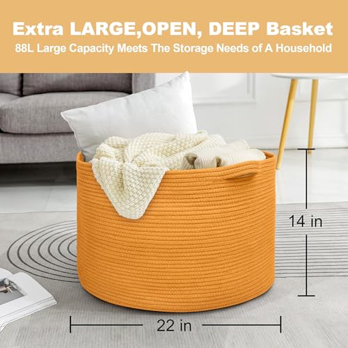 Image of MEGASKET Extra Large Orange Basket, 22 inch X 22 inch X 14 inch Woven Cotton Rope Bins for Blankets, Baby Nursery Wicker Laundry Towel Basket, Kids Dog Toy Storage Box, Big Orange Living Room Decor Organizer
