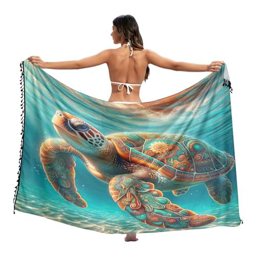 Paréo bohème tortue de mer plage cache-maillot de bain, paréo long grande taille, paréo à pompons, écharpe châle, Tortue de mer bohème, Large
