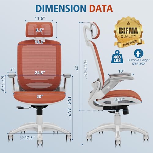 Image of GABRYLLY Ergonomic Office Chair, High Back Home Desk Chair with Headrest, Flip-Up Arms, 90-120 Tilt Lock and Wide Cushion, 400LBS Mesh Chairs for Man Woman, White Task Chair(Orange,GY01WOR)