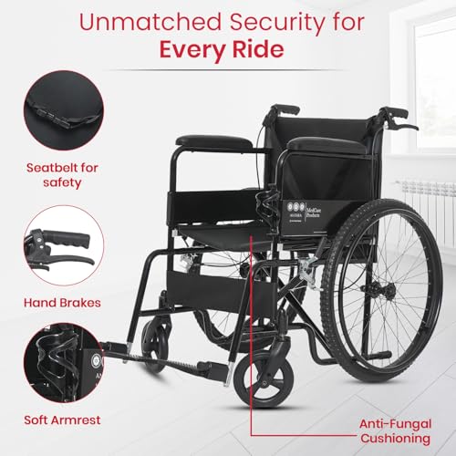 Image of Antara AGEasy (Max Group) Foldable Wheelchair for Adults & Elderly | Wide Seat, Spoke Wheels, Anti-Fungal Cushioning, Hand Brakes & Bottle Holder (WheelAssist Pro Plus - Black)