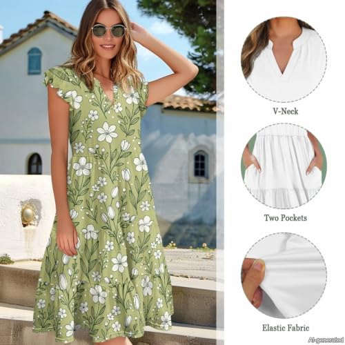 Image of Womens Summer Dress Ruffle Sleeve V Neck Dress Casual Fit Flowy Beach Vacation Sundress with Pocket S-2XL